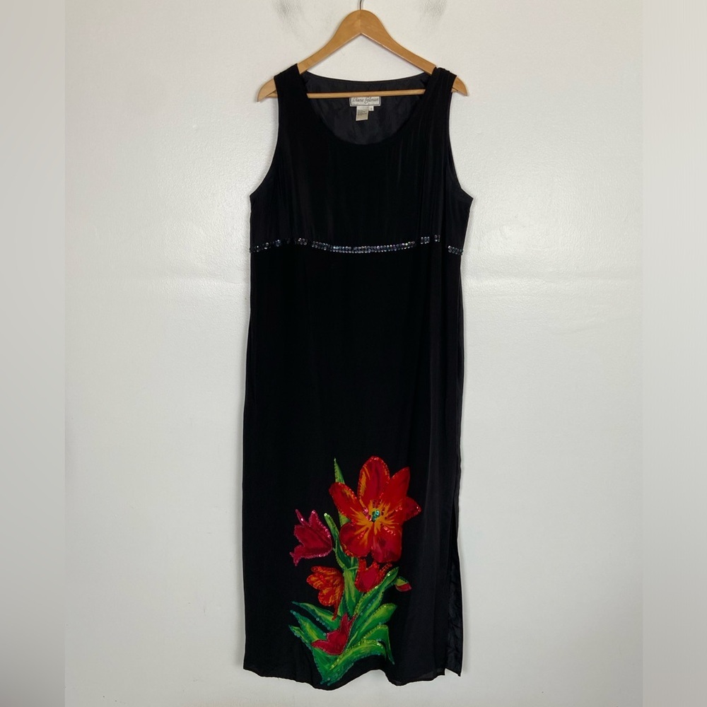 Diane Gilman Silk 90s Y2K Maxi Dress Size 1 X Black Sequined‎ Tulip Flower Art